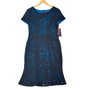 Focus By Shani Black Blue Laser Cut Short Sleeve Flounce Hem Midi Dress Sz 4 NEW